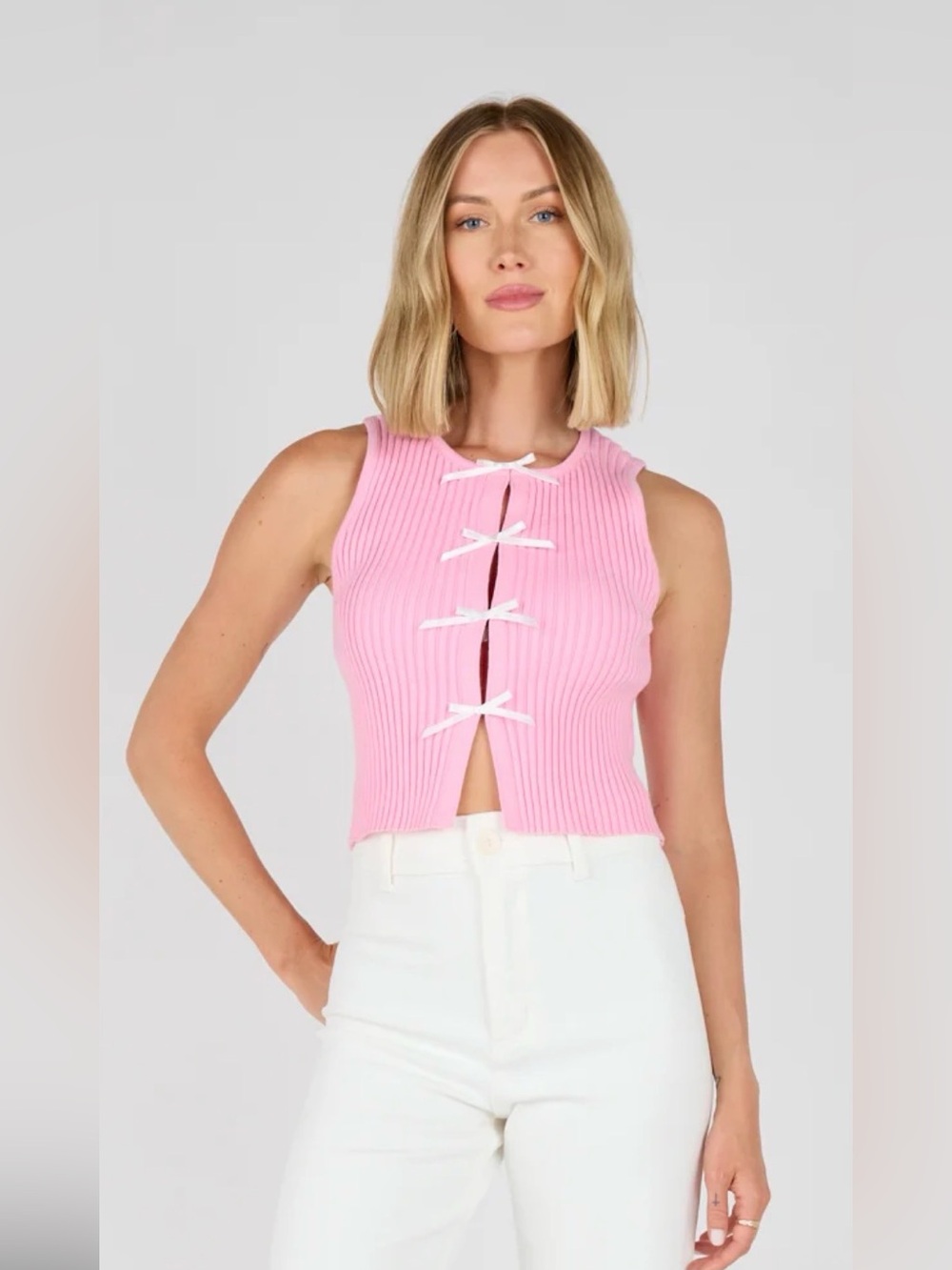NWOT Large Pink Bow Detail Sleeveless Sweater Top. Cut-out. Satin bows